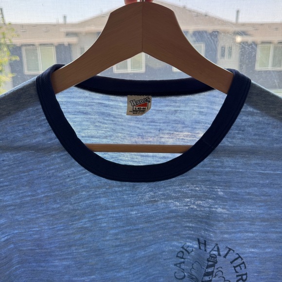 Hanes Other - Vintage Cape Hatteras Ringer T-Shirt Mens Large Blue Carolina Paper Thin 70s